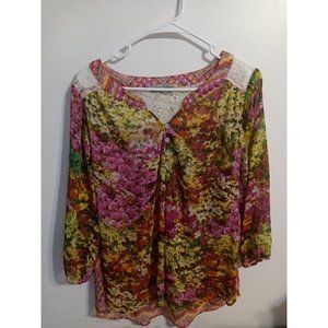 Figueroa & Flower V-Neck Tunic Shirt Womens 1X Lace Floral  3/4 Sleeve Boho